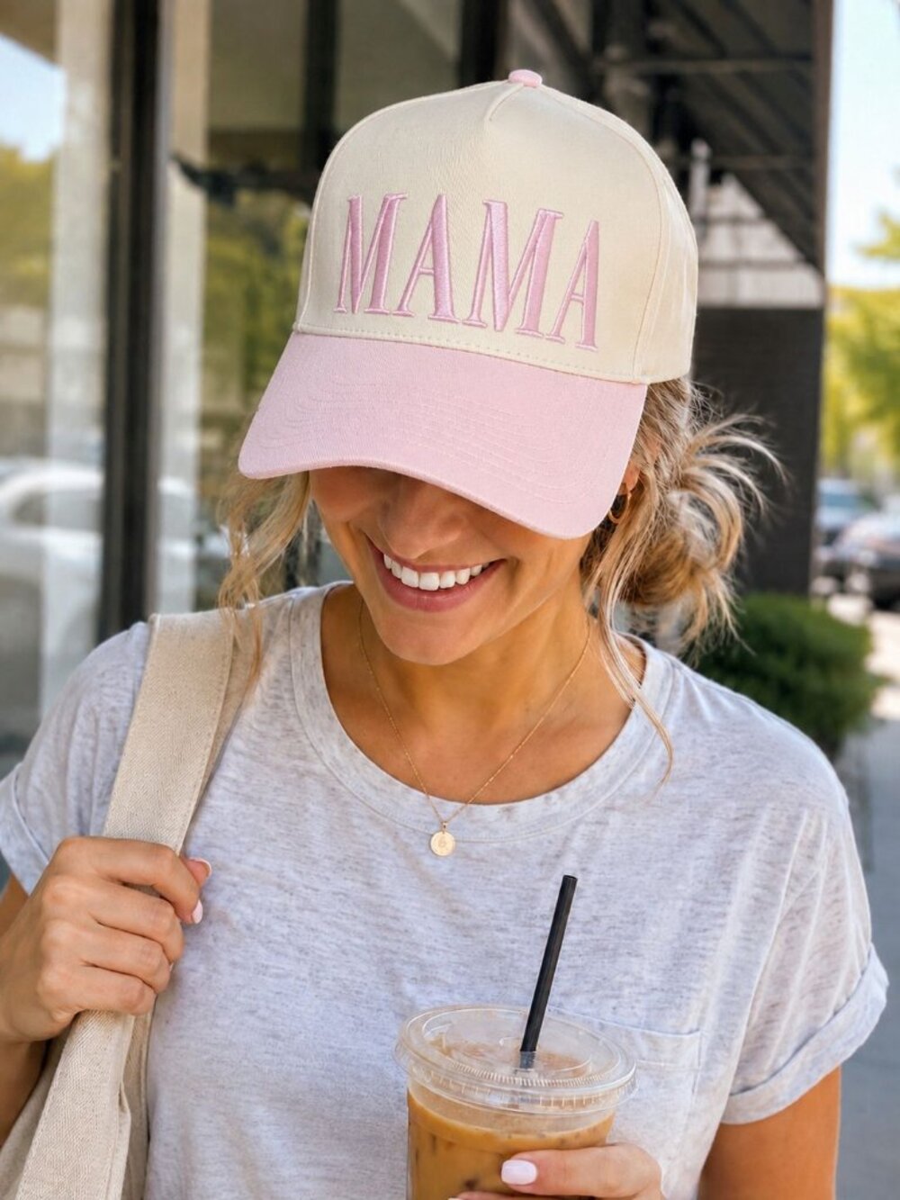 Embroidered MAMA Pink Cream Ball Cap